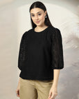 Women Black Solid Round Neck 3/4th Sleeve Cotton Top