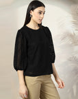 Women Black Solid Round Neck 3/4th Sleeve Cotton Top