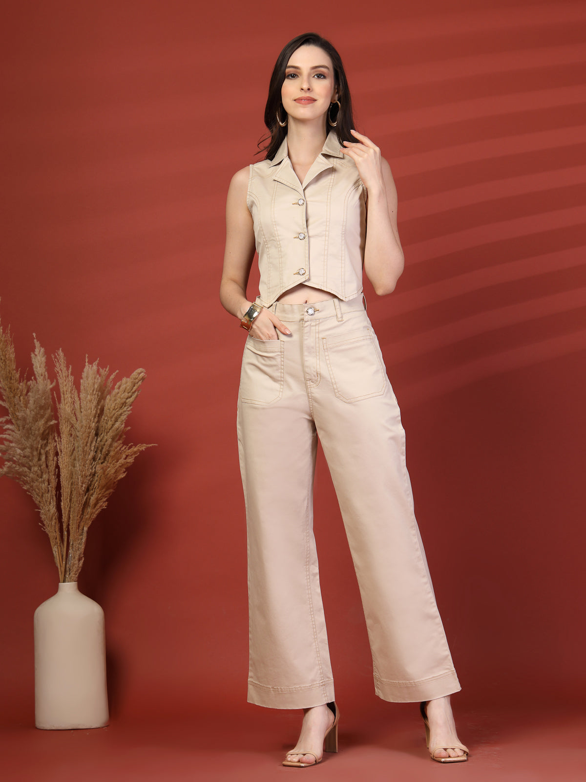Women Beige Top With Trouser Co-Ords Set