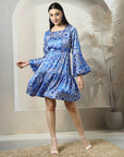 Blue Floral Printed Bell Sleeves Fit & Flare Dress