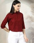 Women Maroon Solid Shirt Collar 3/4th Sleeve Cotton Top