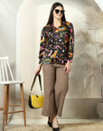 Black floral printed opaque Casual Buttoned Top