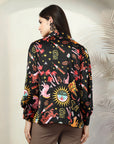 Black floral printed opaque Casual Buttoned Top