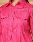 Pink Solid Shirt Collar Crop Top