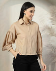 Women Beige Solid Shirt Collar Full Sleeve Cotton Top