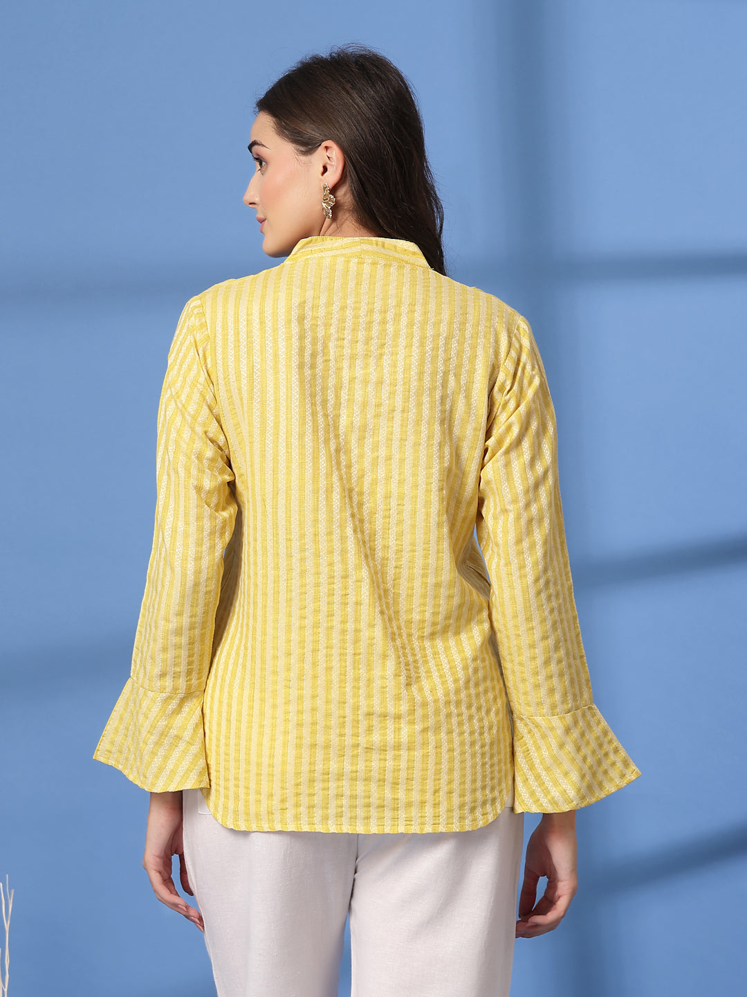Yellow Women Opaque Striped Casual Buttoned Top