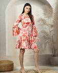 Beige Floral Printed Bell Sleeve Fit & Flare Dress