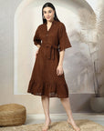 Brown Solid Belted A-Line Midi Dress