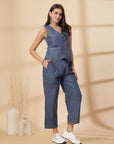 Blue Pure Cotton Top With Trouser Co-Ords