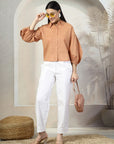 Women Rust Solid Shirt Collar Full Sleeve Cotton Top