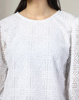 Women White Solid Round Neck 3/4th Sleeve Cotton Top