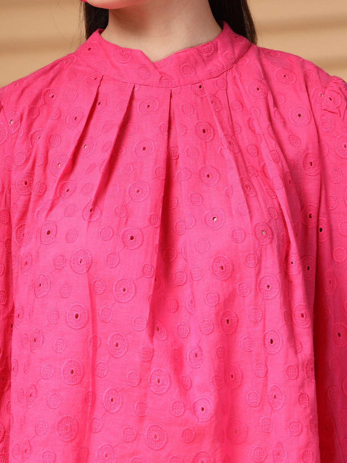 Pink Solid Round Neck Cotton Top