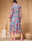 Green Midi Round Neck Floral Print Puff Sleeve A Line Midi Dress