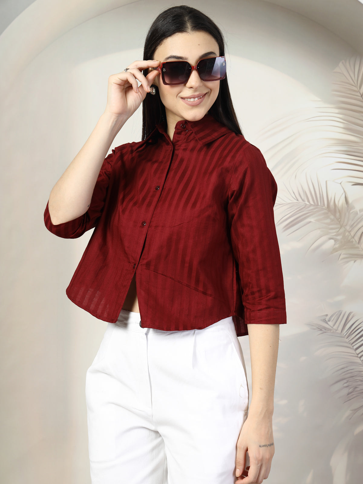 Women Maroon Solid Shirt Collar 3/4th Sleeve Cotton Top