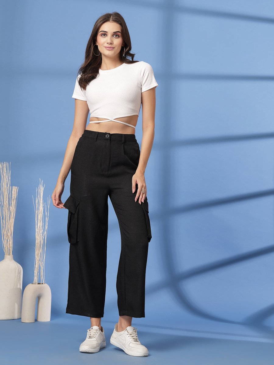 Black Solid Pleated Trousers