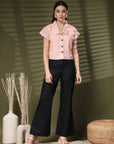 Pink Solid Shirt Collar Cotton Crop Top