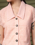 Pink Solid Shirt Collar Cotton Crop Top