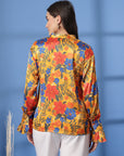 Mustard Floral Print Mandarin Collar Bell Sleeve Shirt Style Top