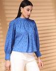 Blue Solid Round Neck Cotton Top