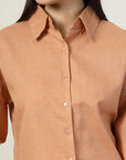 Women Rust Solid Shirt Collar Full Sleeve Cotton Top