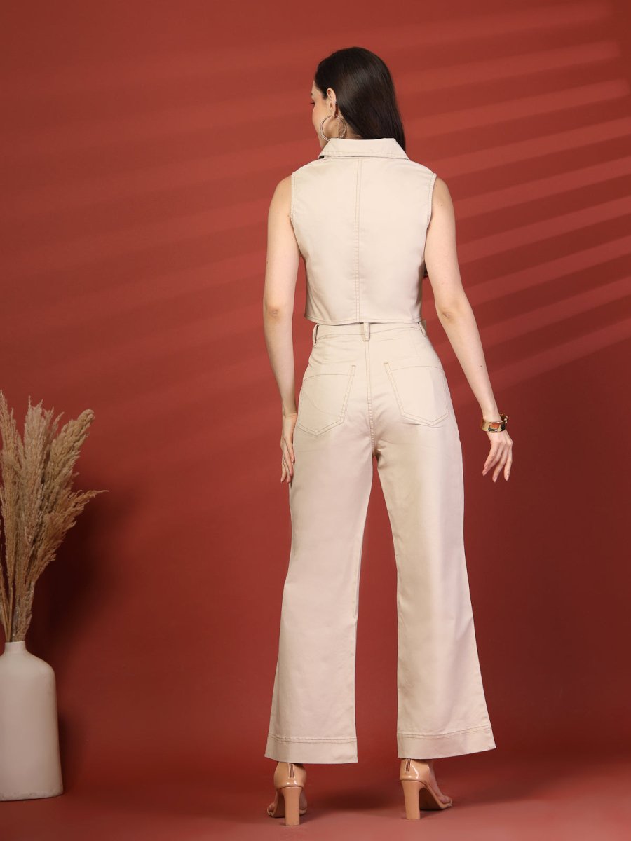 Women Beige Top With Trouser Co-Ords Set