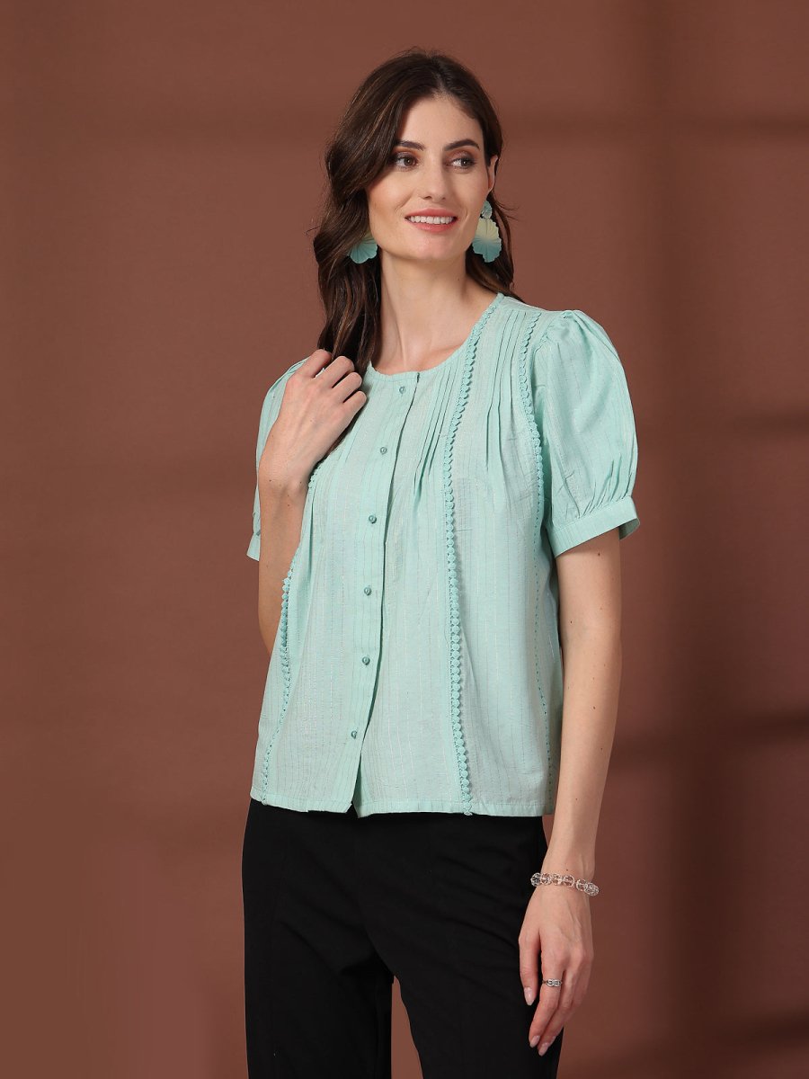 Sea Green Solid Round Neck Top
