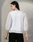 Women White Solid Round Neck 3/4th Sleeve Cotton Top