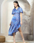 Blue Floral Printed A-Line Wrap Midi Dress