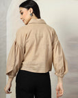 Women Beige Solid Shirt Collar Full Sleeve Cotton Top