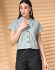 Sea Green Solid Shirt Collar Cotton Crop Top