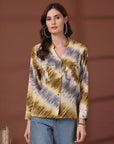 Print Mandarin Collar Puff Sleeve Cotton Top