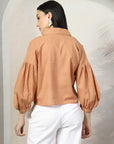 Women Rust Solid Shirt Collar Full Sleeve Cotton Top