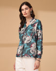 Print Mandarin Collar Puff Sleeve Cotton Top