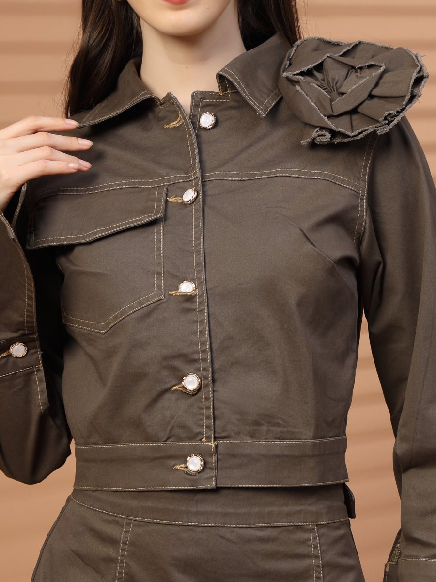 Women Shirt Collar Neck Coat Top With Skirt Co-Ords