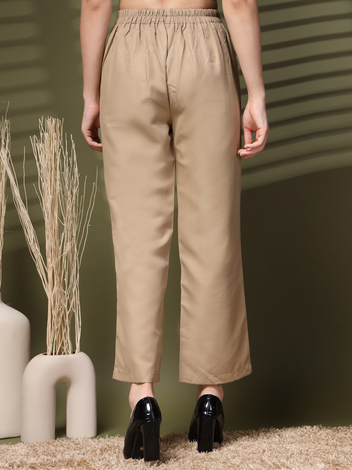 Beige Solid Loose Fit Trousers