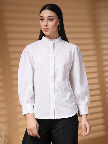 White Regular Sleeves Spread Collar Women Standard Opaque Casual Shirt