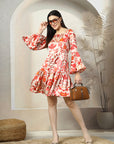 Beige Floral Printed Bell Sleeve Fit & Flare Dress