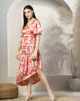 Beige Floral Print A-Line Midi Dress