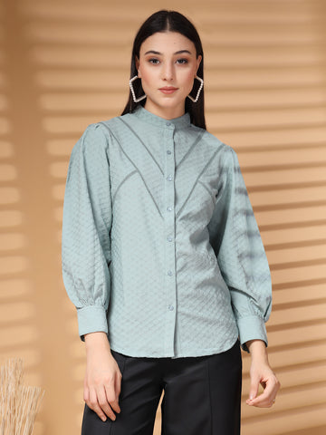 Sea Green Regular Sleeves Spread Collar Women Standard Opaque Casual Shirt