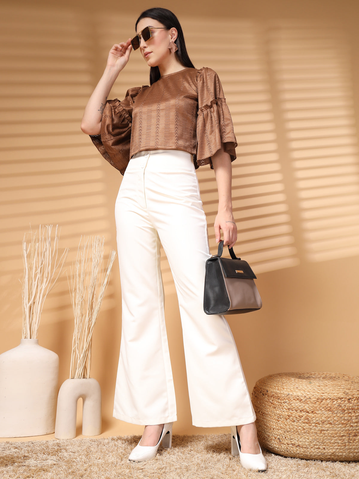 Brown Solid Round Neck Top