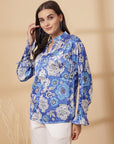 Blue Floral Print Mandarin Collar Bell Sleeve Shirt Style Top