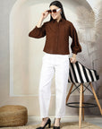 Women Brown Solid Shirt Collar Cotton Top