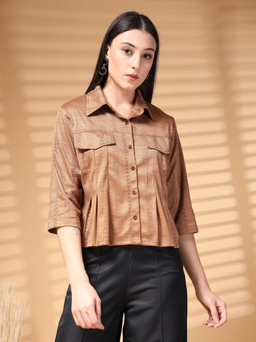 Brown Solid Shirt Collar Crop Top