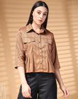 Brown Solid Shirt Collar Crop Top