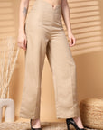 Beige Solid Regular Trousers Women Loose Fit High Rise Trousers