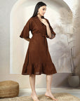 Brown Solid Belted A-Line Midi Dress