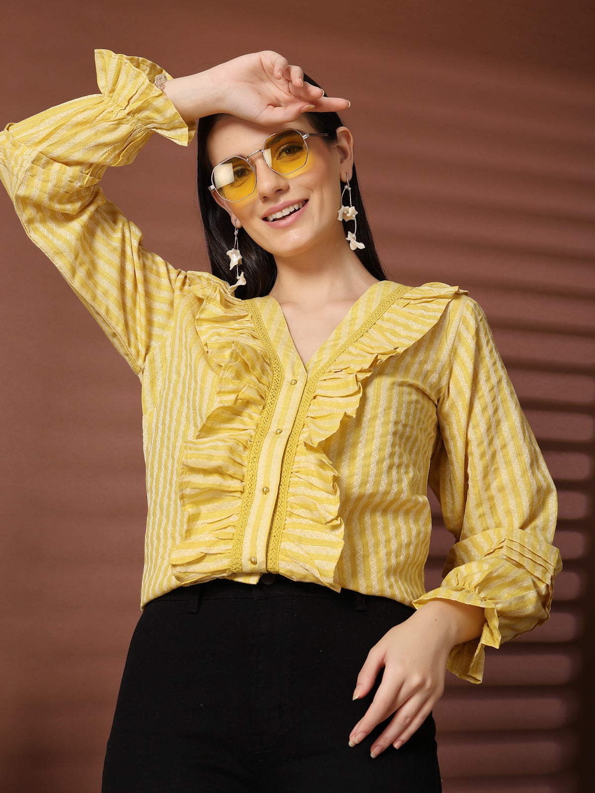 Women Yellow Striped Casual Shirt