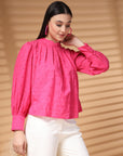 Pink Solid Round Neck Cotton Top