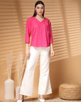 Pink Solid V Neck Cotton Top