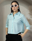 Women Blue Solid Shirt Collar 3/4th Sleeve Cotton Top